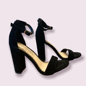 MICHAEL SHANNON Black Suede Sandal Heels with Block Heel, Size 6.5